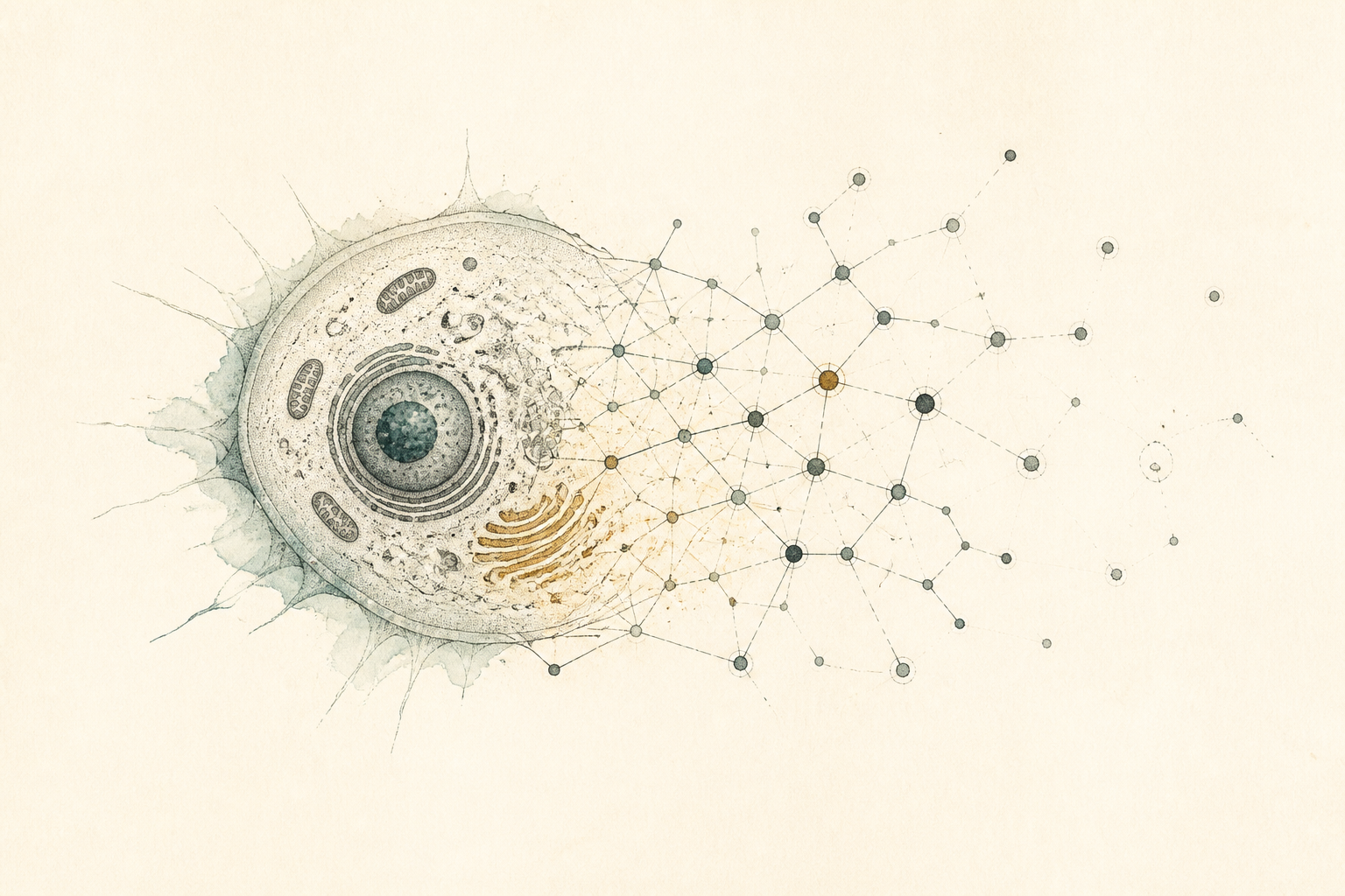 Minimal scientific illustration of a biological cell transitioning into an open neural circuit map